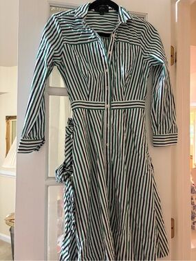 J. Crew Green and White Striped Long-Sleeve Shirt Dress